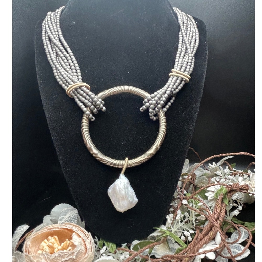 Multi Strand Beaded Necklace Baroque Pearl Pendant Gray Boho Magnet Clasp 18.5"